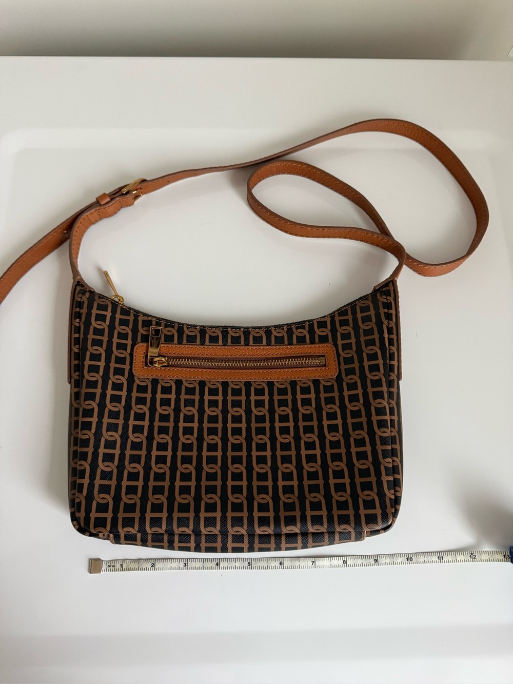 Fossil Cecilia Brown Cow Hide Leather Chain Print Crossbody‎ Handbag Purse